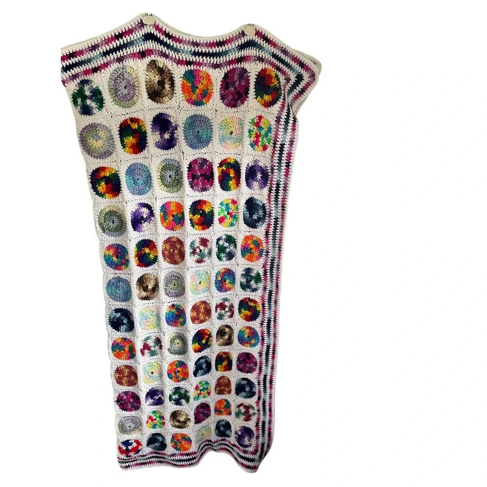Vtg Handmade Crochet Throw Blanket  Rainbow Circle GrannySquare Boho Afghan61x50
